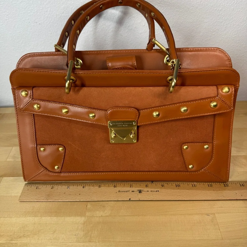 Samantha Thavasa New York Cognac Leather Suede Studded Satchel Handbag *FLAW